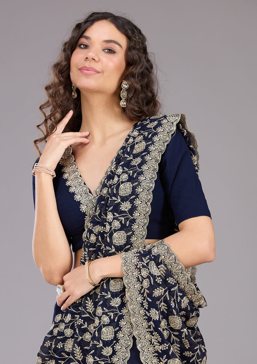 Navy Blue Zariwork (Gold) Georgette Saree