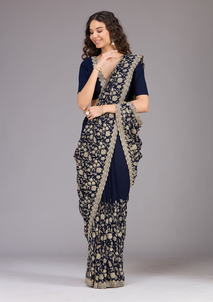 Navy Blue Zariwork (Gold) Georgette Saree