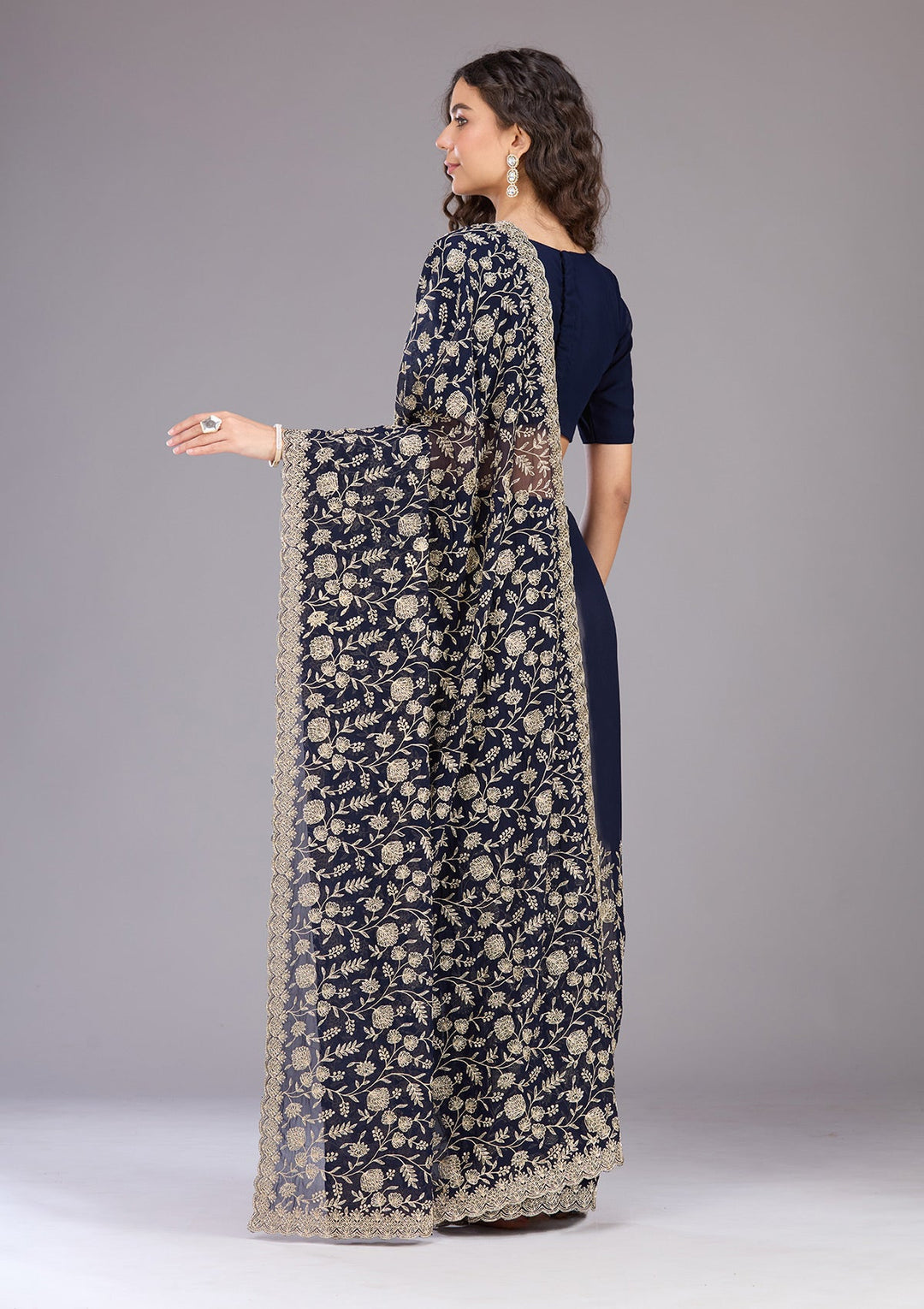 Navy Blue Zariwork (Gold) Georgette Saree