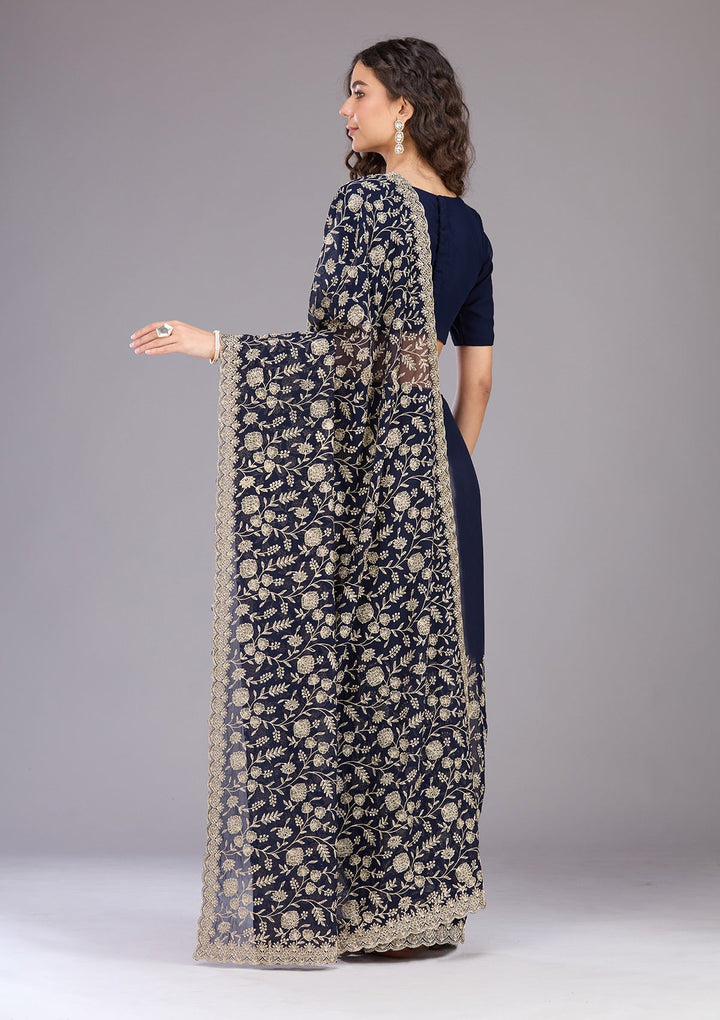 Navy Blue Zariwork (Gold) Georgette Saree