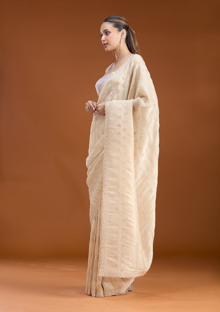 Beige Stonework (Gold) Tissue Saree