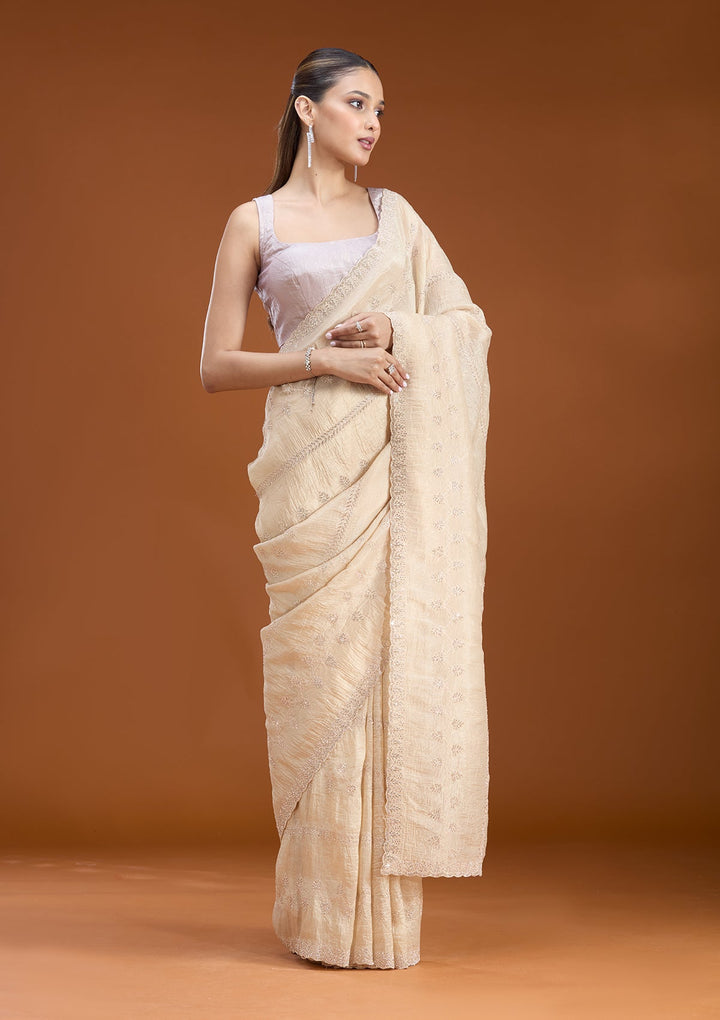 Beige Stonework (Gold) Tissue Saree