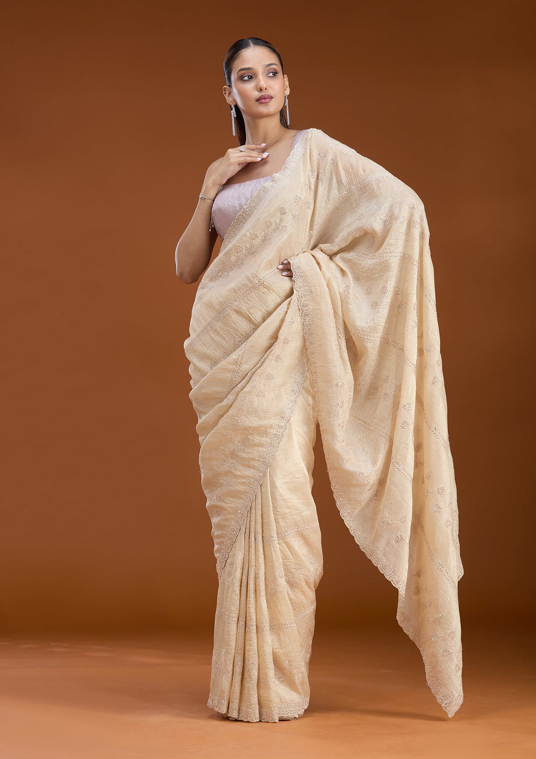 Beige Stonework (Gold) Tissue Saree
