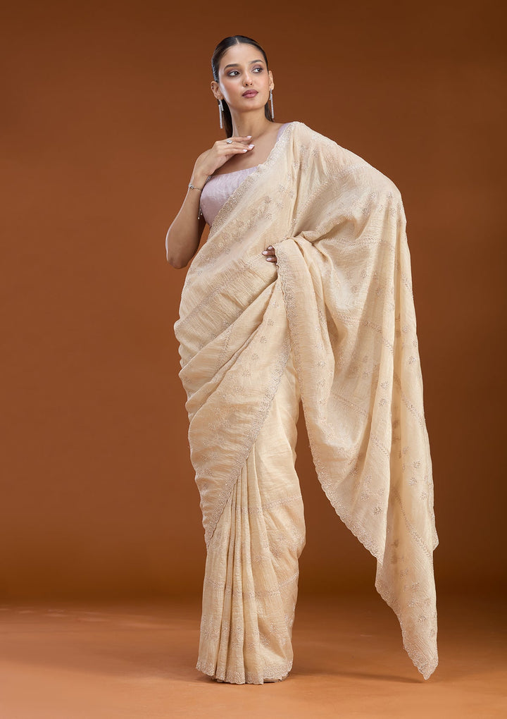 Beige Stonework (Gold) Tissue Saree