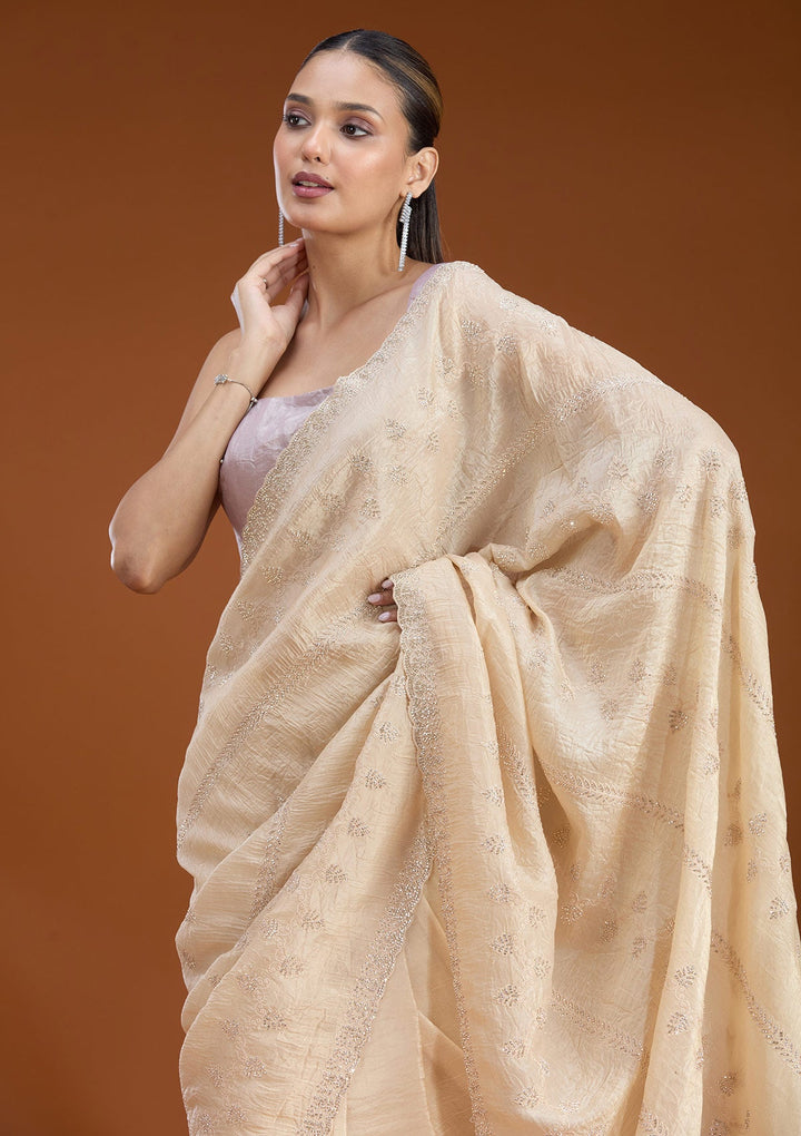 Beige Stonework (Gold) Tissue Saree