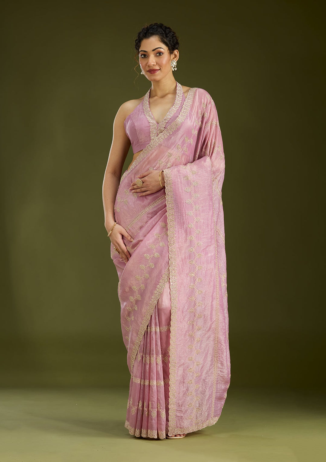 Pink Stonework (Gold) Tissue Saree