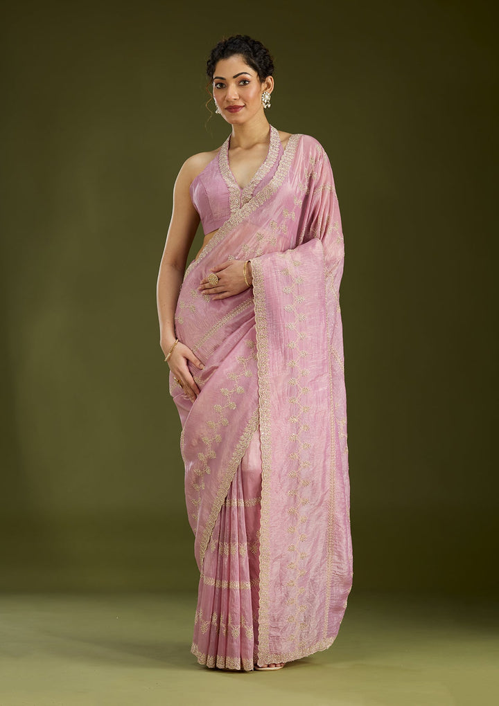 Pink Stonework (Gold) Tissue Saree