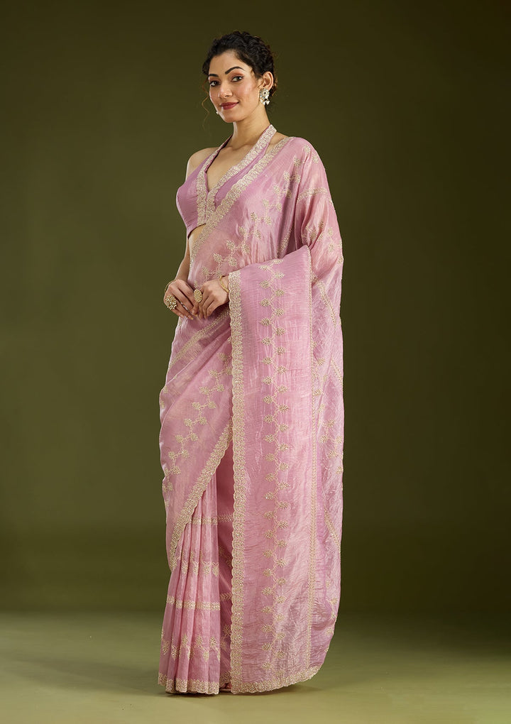 Pink Stonework (Gold) Tissue Saree