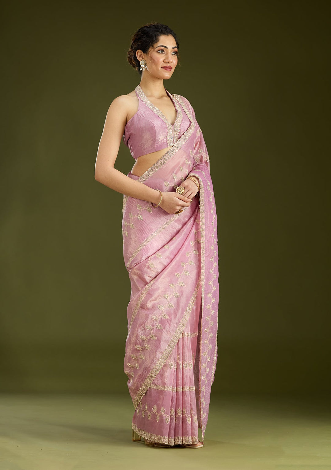 Pink Stonework (Gold) Tissue Saree