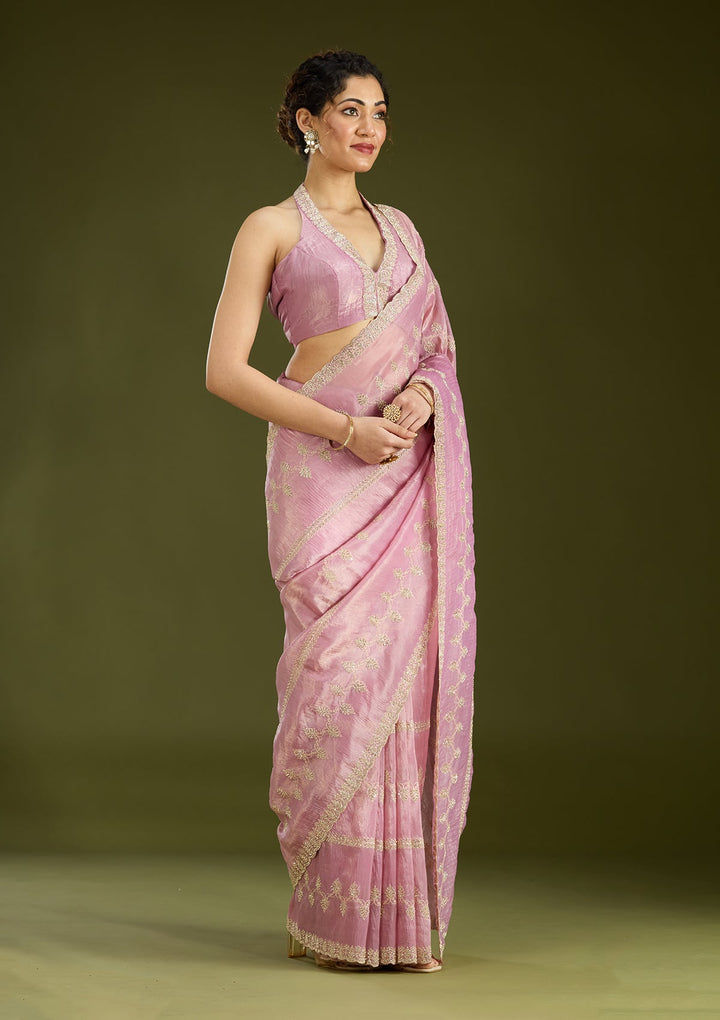 Pink Stonework (Gold) Tissue Saree