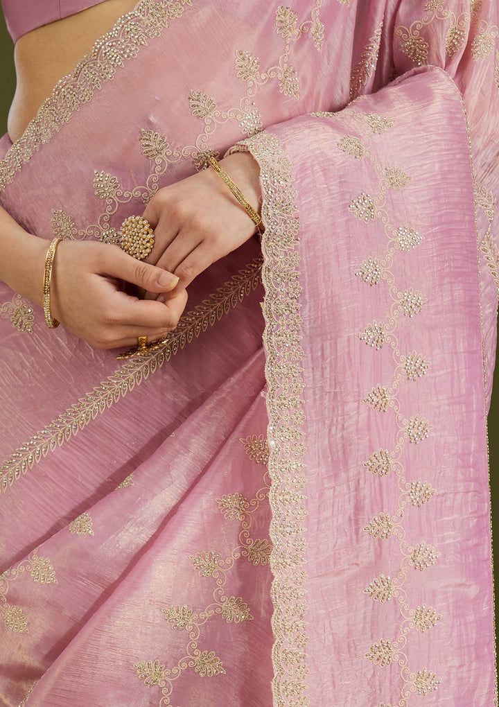 Pink Stonework (Gold) Tissue Saree