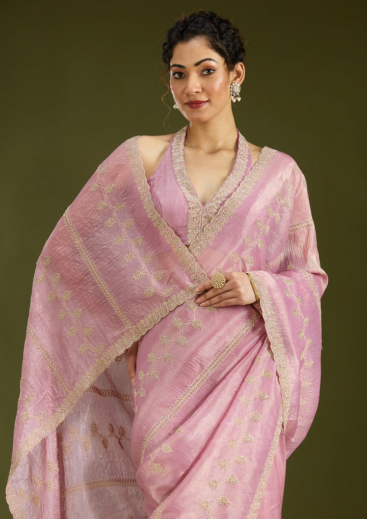 Pink Stonework (Gold) Tissue Saree