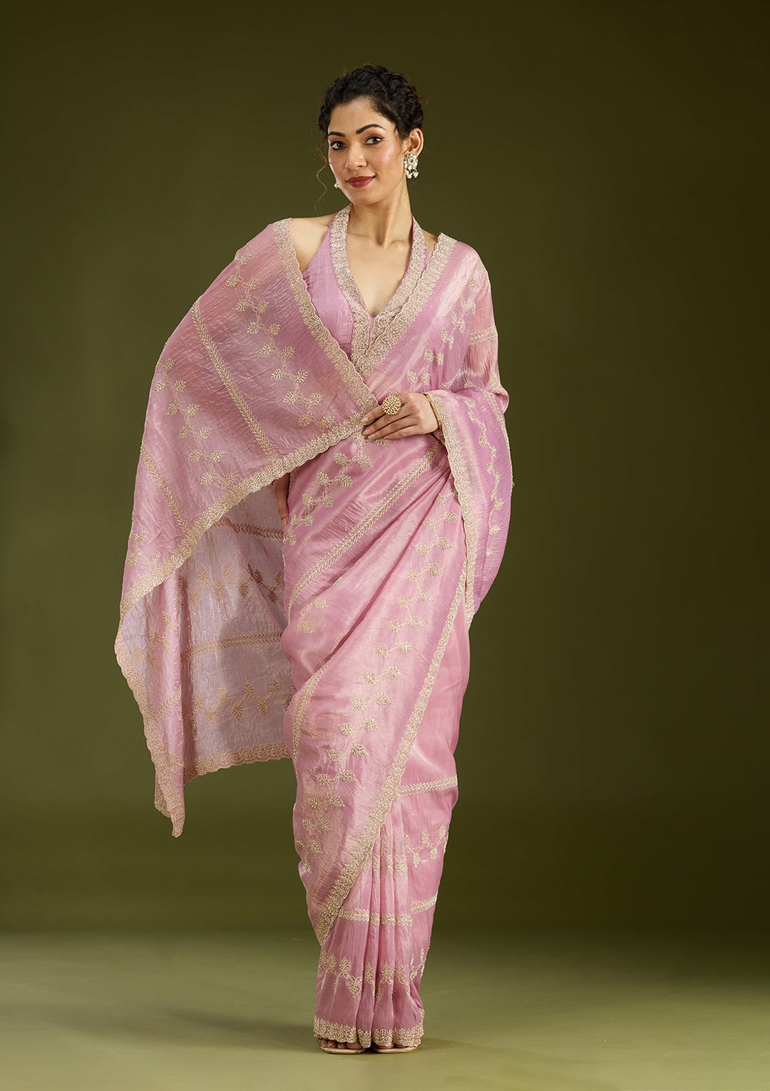 Pink Stonework (Gold) Tissue Saree