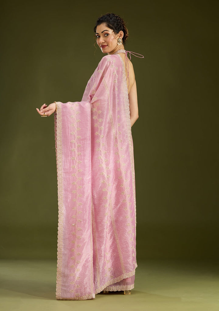 Pink Stonework (Gold) Tissue Saree