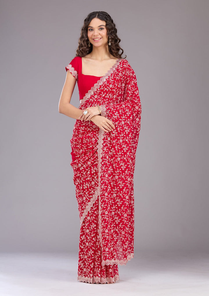 Maroon Zariwork (Silver) Georgette Saree
