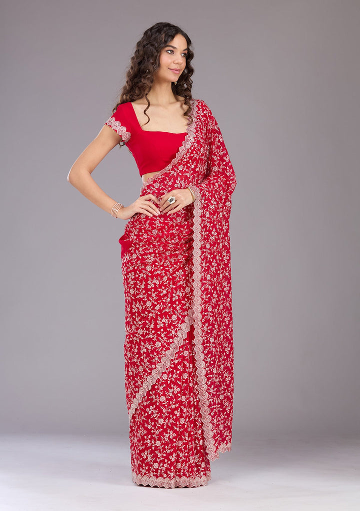 Maroon Zariwork (Silver) Georgette Saree