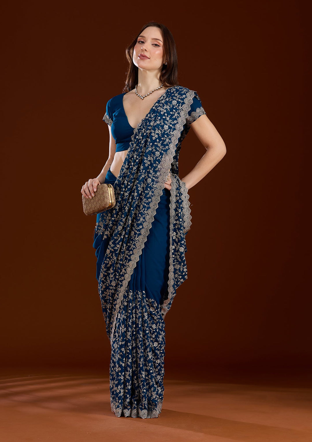 Peacock Blue Zariwork (Silver) Georgette Saree