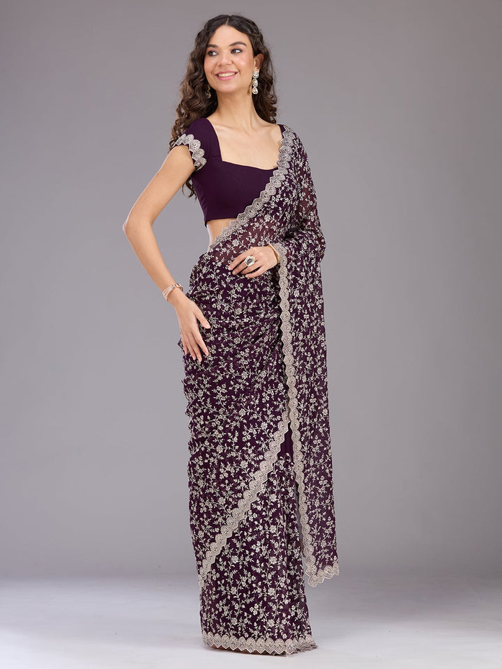 Purple Zariwork (Silver) Georgette Saree