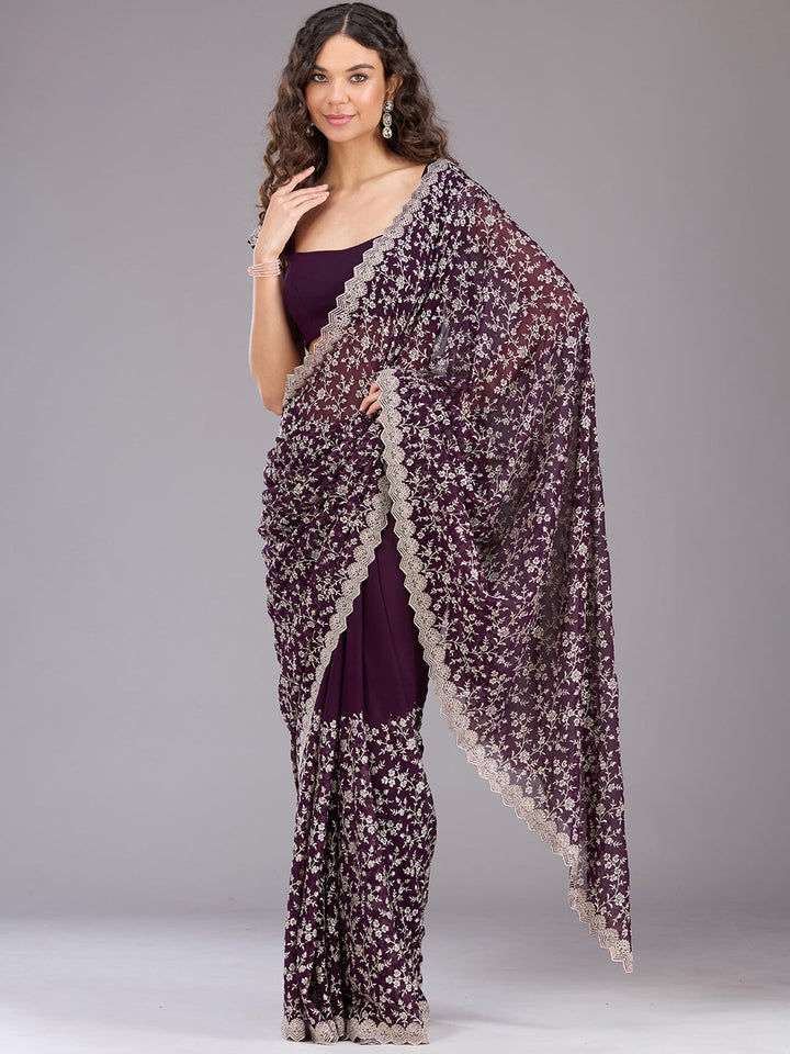Purple Zariwork (Silver) Georgette Saree