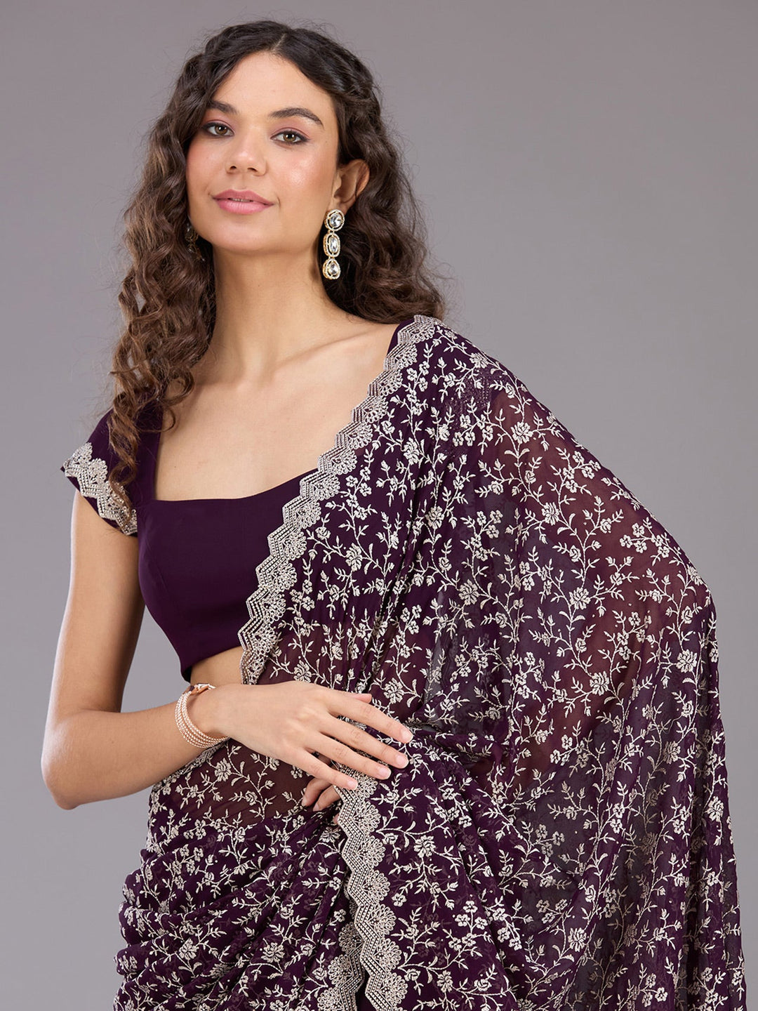 Purple Zariwork (Silver) Georgette Saree