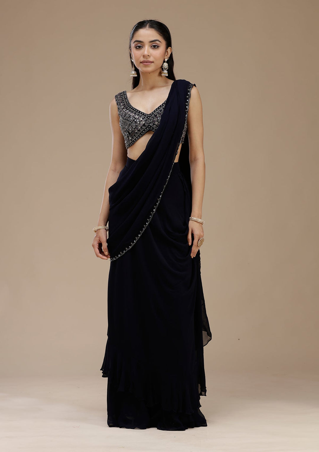 Navy Blue Cutdana Georgette Saree-koskii