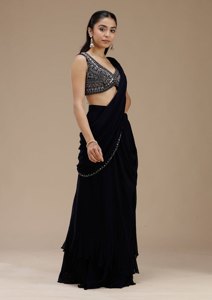 Navy Blue Cutdana Silk Saree_koskii