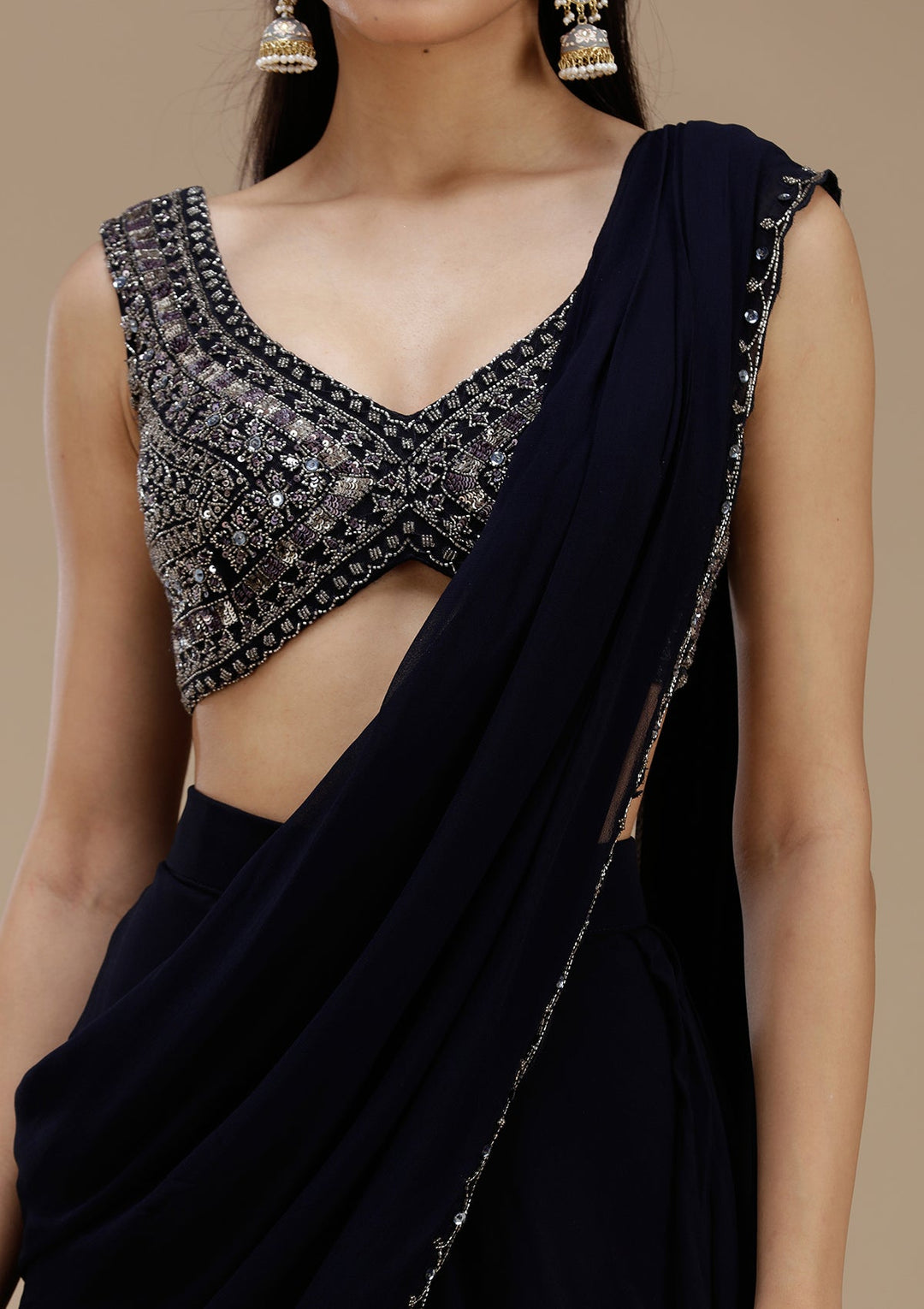 Navy Blue Cutdana Georgette Saree-koskii