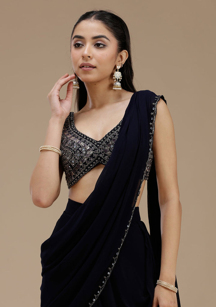 Navy Blue Cutdana Georgette Saree-koskii