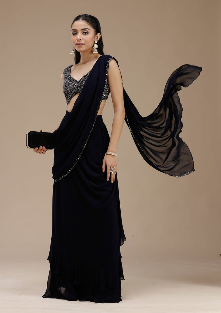 Navy Blue Cutdana Georgette Saree-koskii