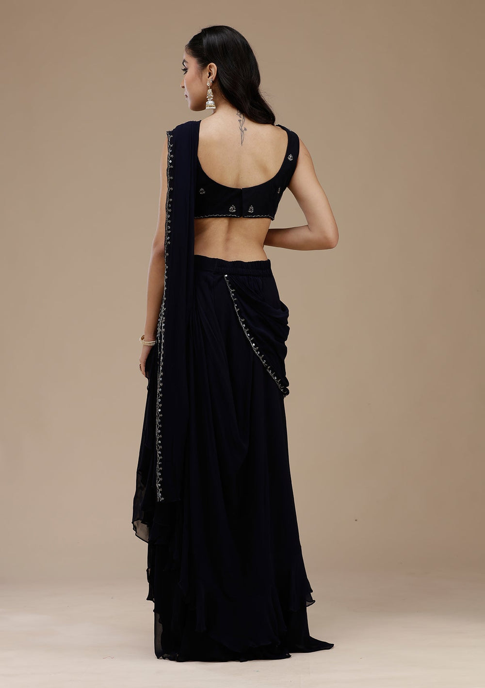 Navy Blue Cutdana Silk Saree_koskii