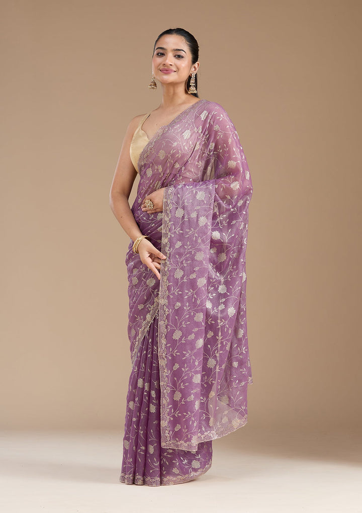 Dark Lavender Badla Tissue Saree_koskii