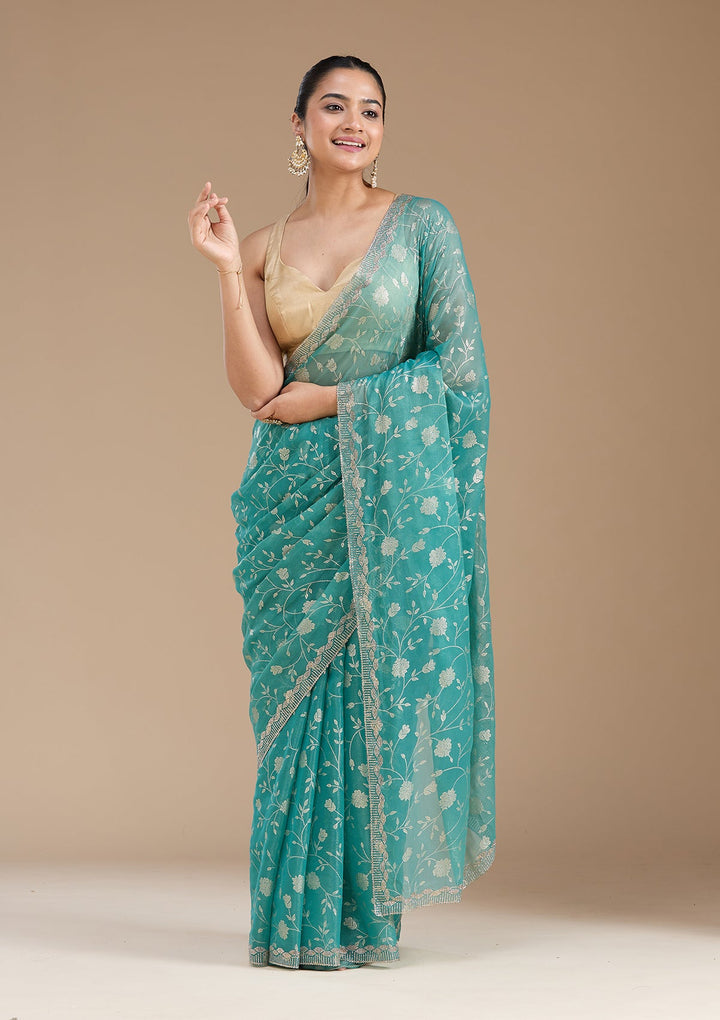 Sea Green Badla Tissue Saree_koskii