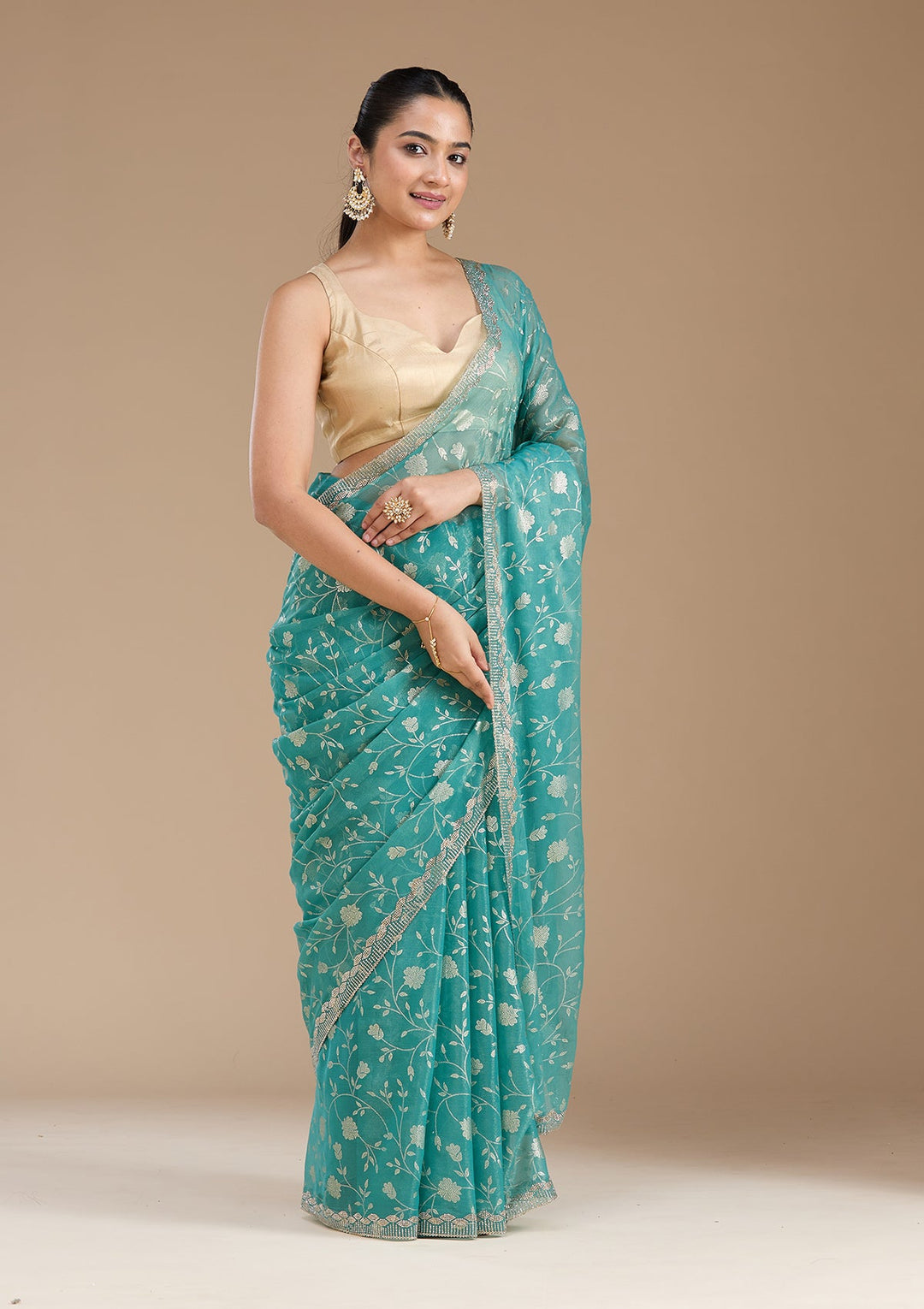 Sea Green Badla Tissue Saree_koskii