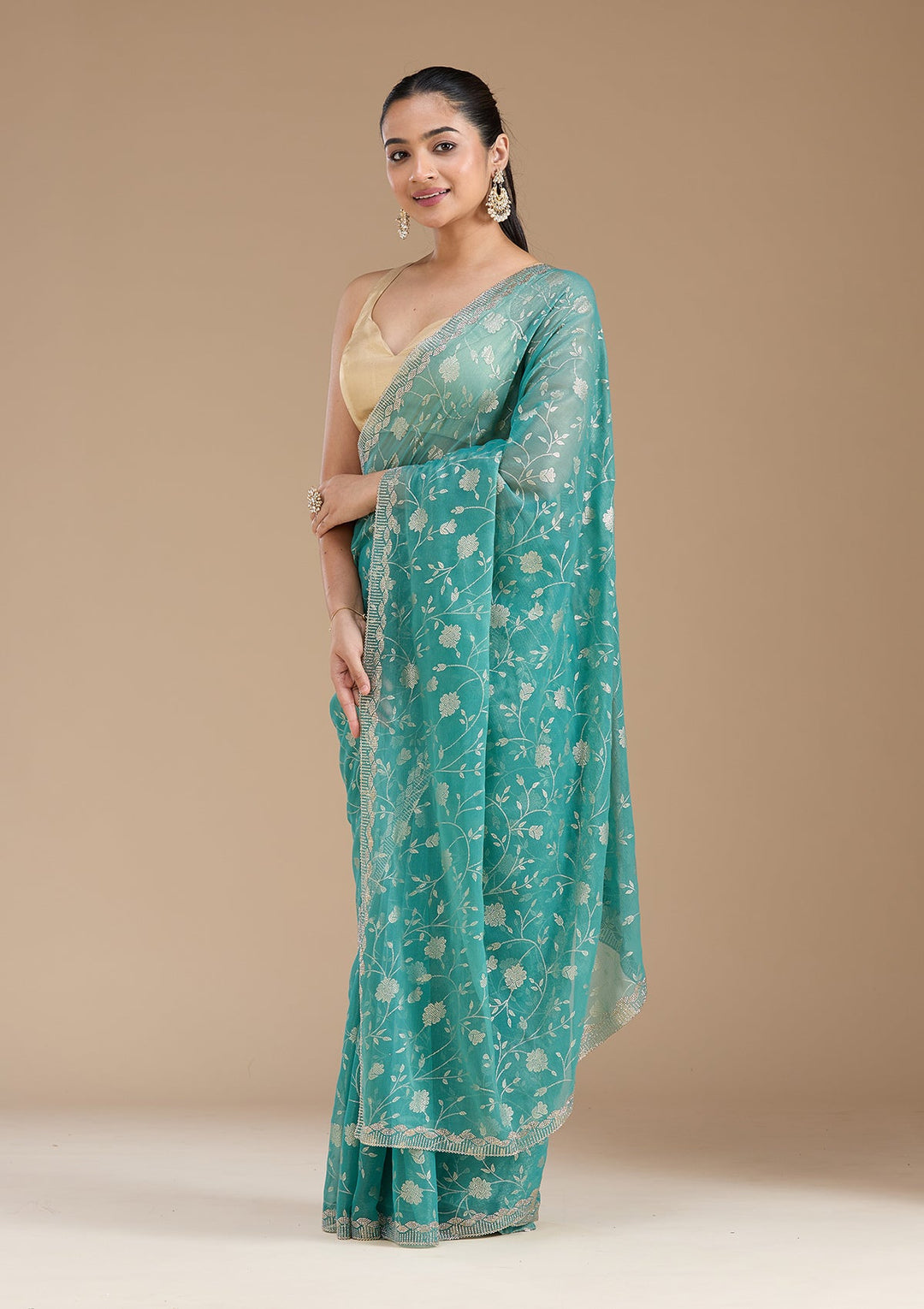 Sea Green Badla Tissue Saree_koskii