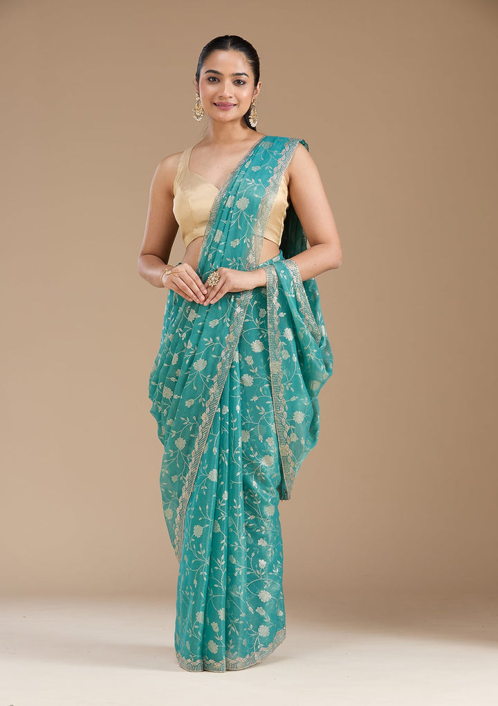 Sea Green Badla Tissue Saree_koskii