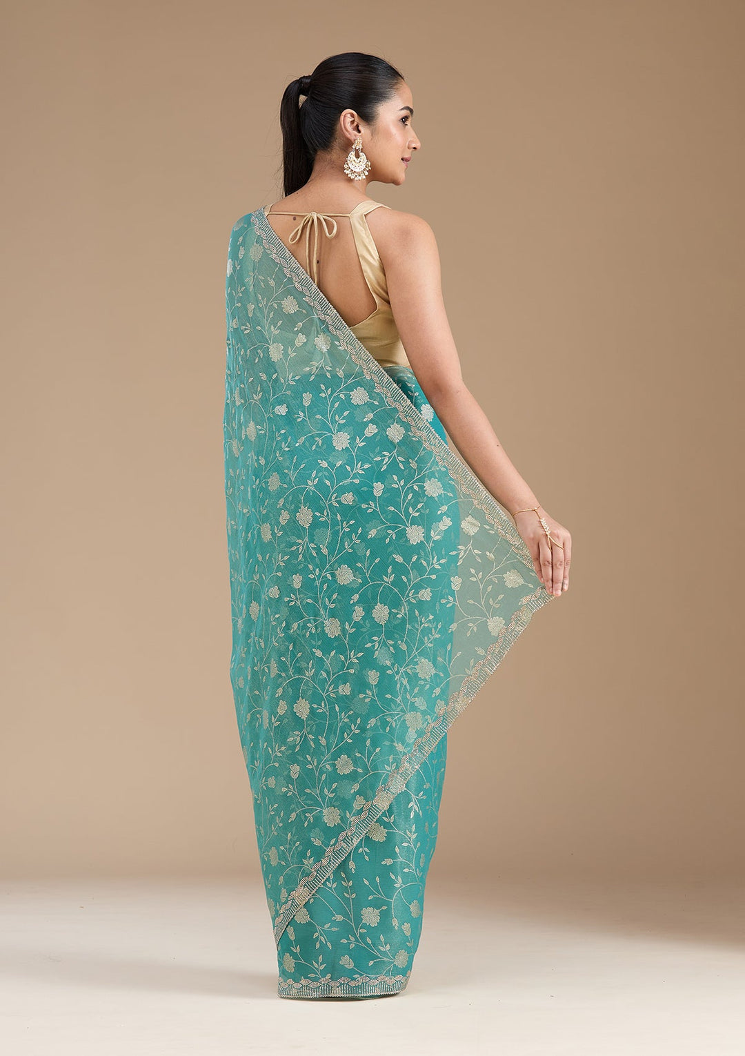 Sea Green Badla Tissue Saree_koskii