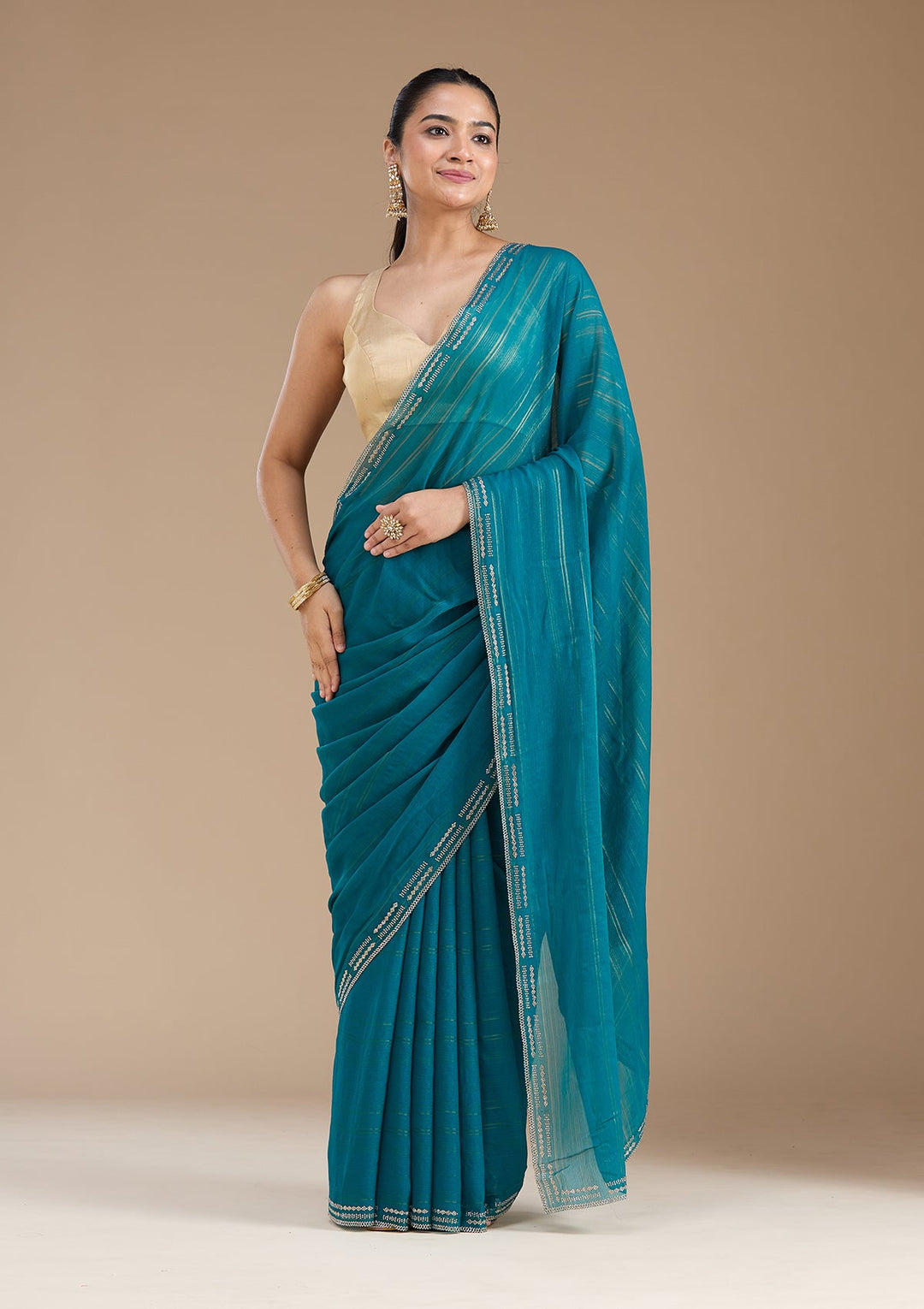 Peacock Blue Stonework (Gold) Chiffon Saree_koskii