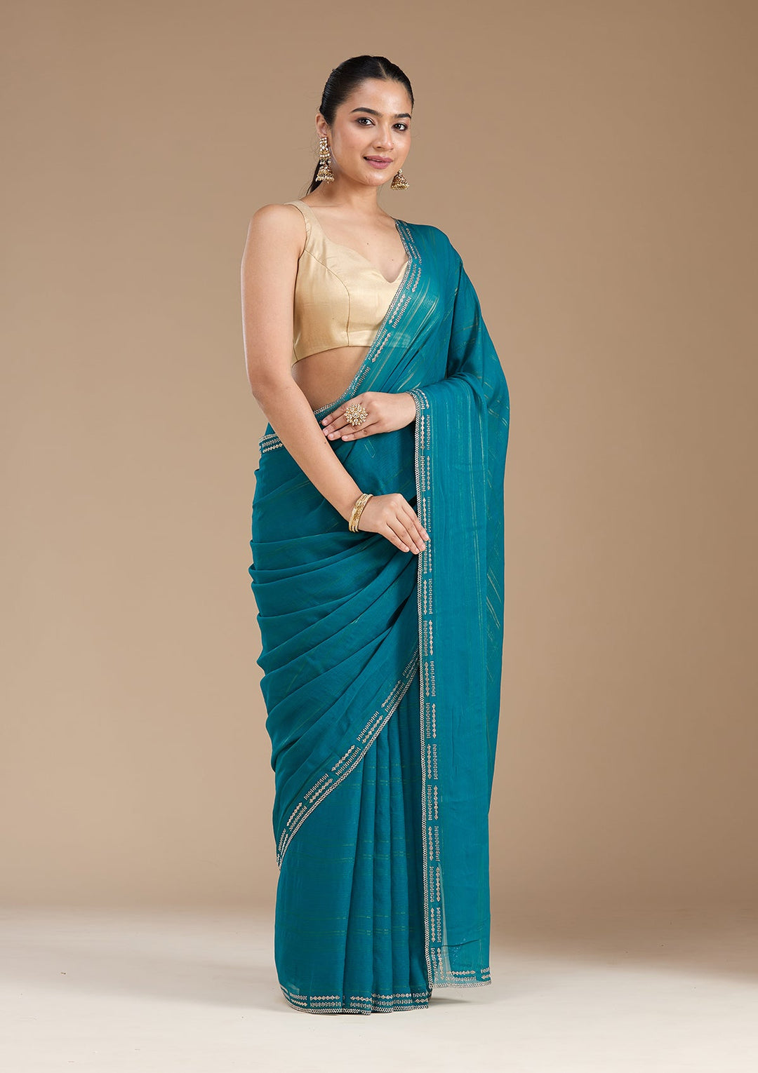 Peacock Blue Stonework (Gold) Chiffon Saree_koskii