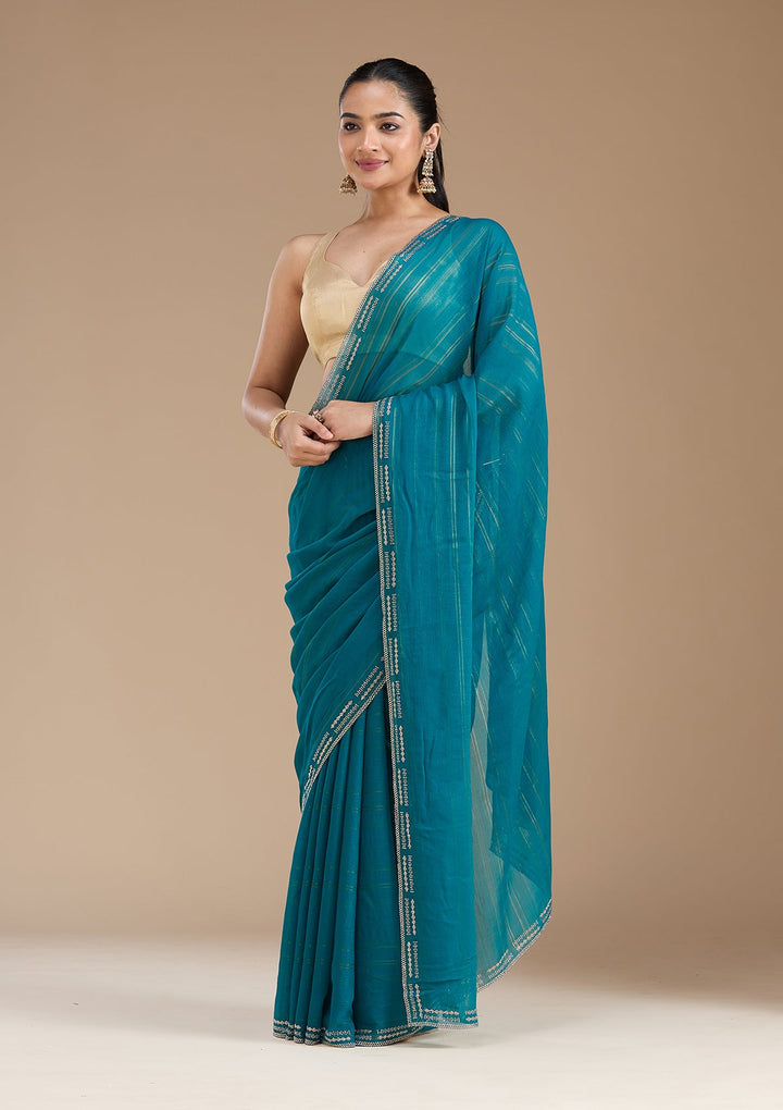 Peacock Blue Stonework (Gold) Chiffon Saree_koskii