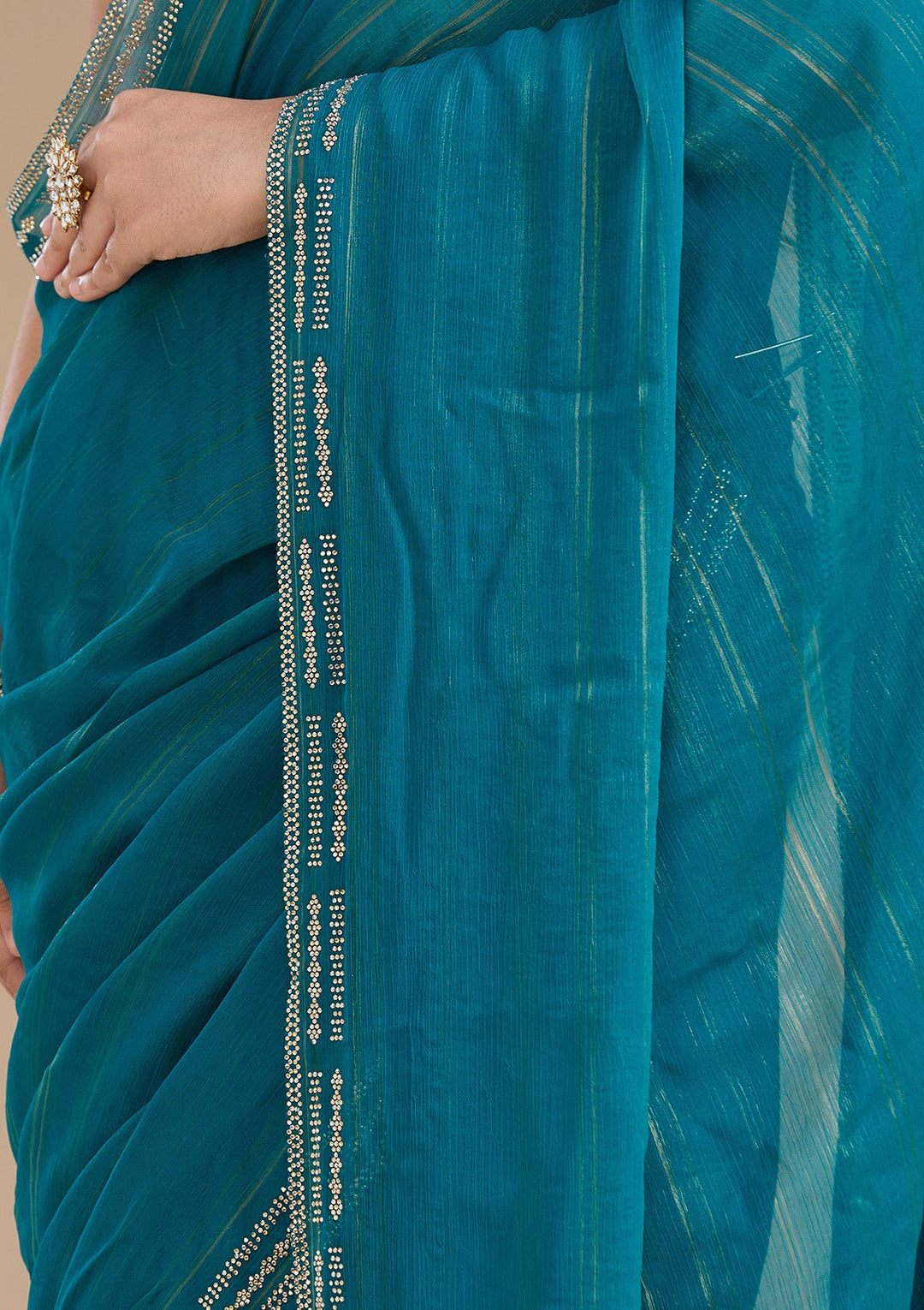 Peacock Blue Stonework (Gold) Chiffon Saree_koskii
