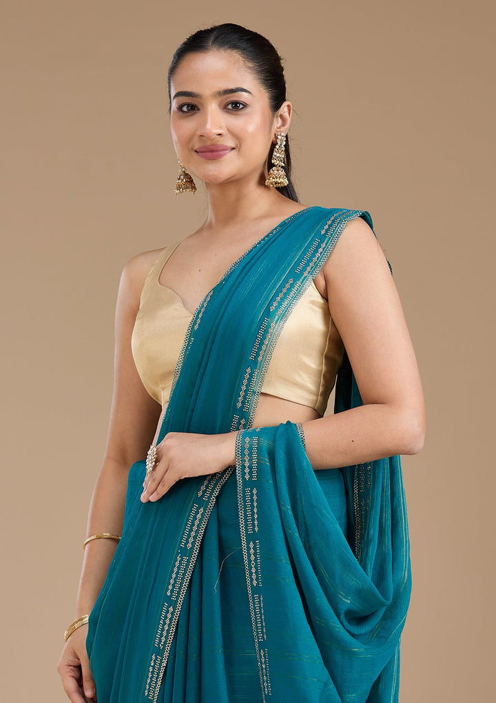 Peacock Blue Stonework (Gold) Chiffon Saree_koskii