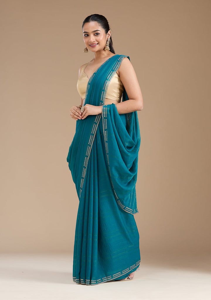Peacock Blue Stonework (Gold) Chiffon Saree_koskii