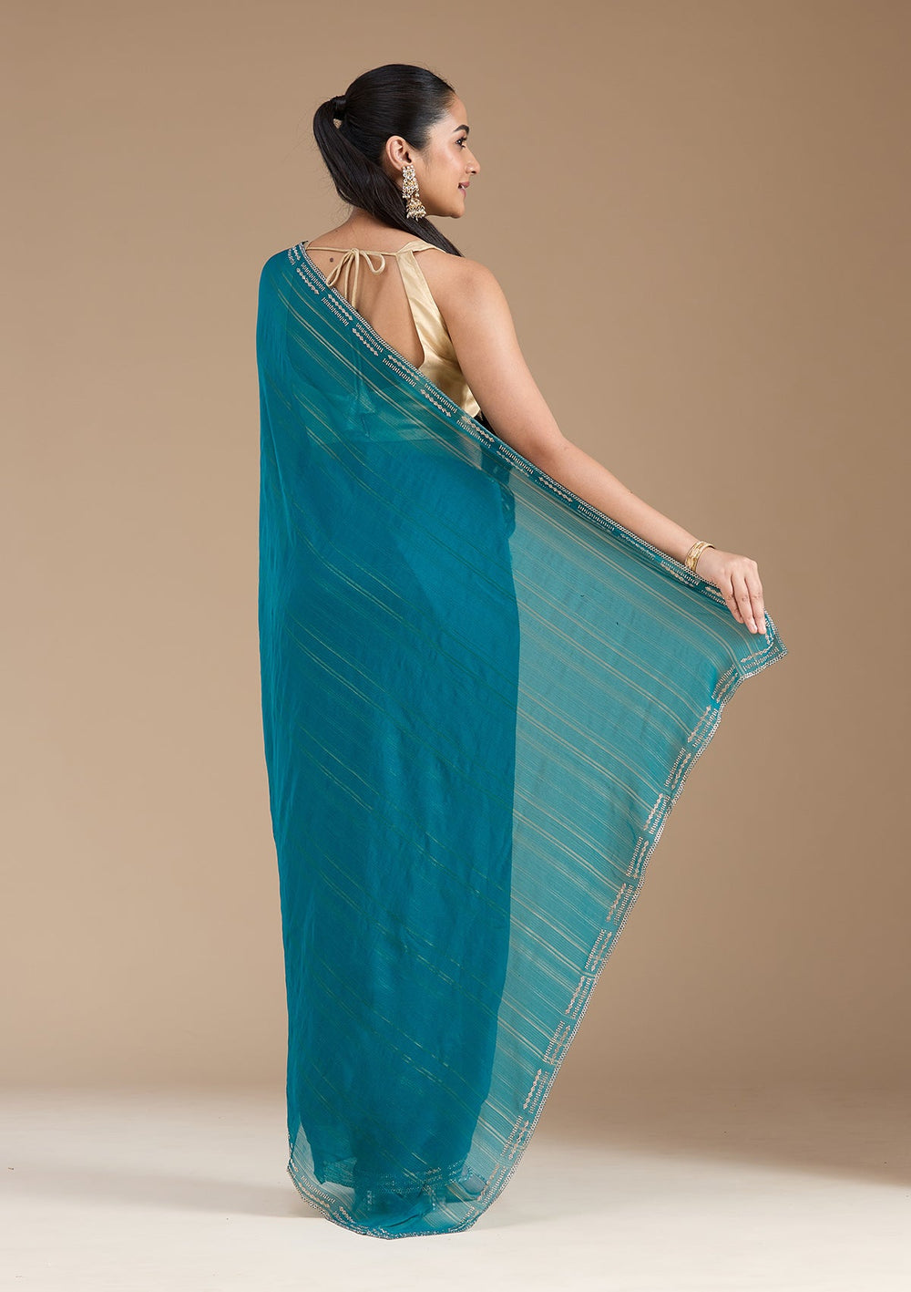 Peacock Blue Stonework (Gold) Chiffon Saree_koskii