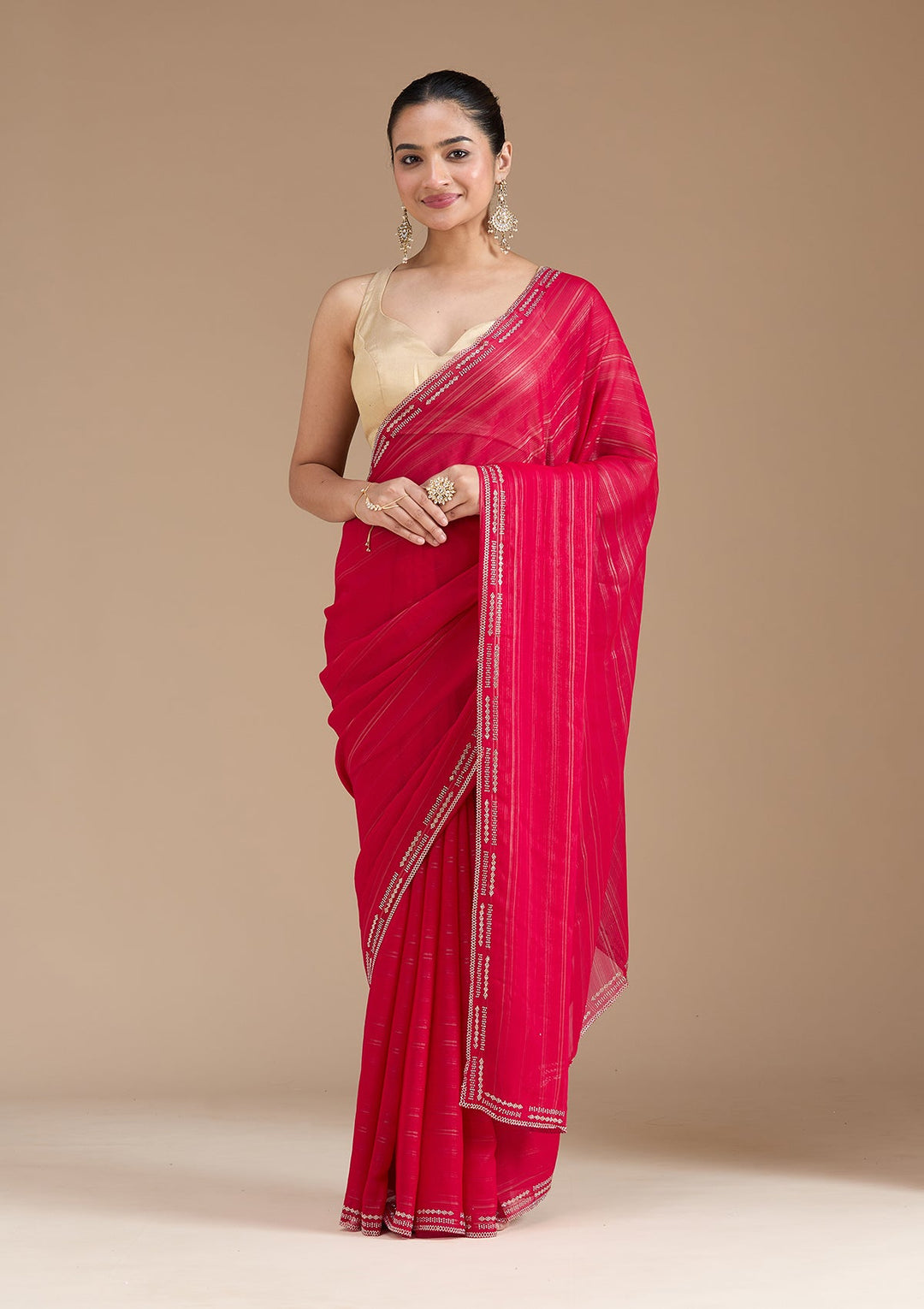 Rani Pink Stonework (Gold) Chiffon Saree_koskii