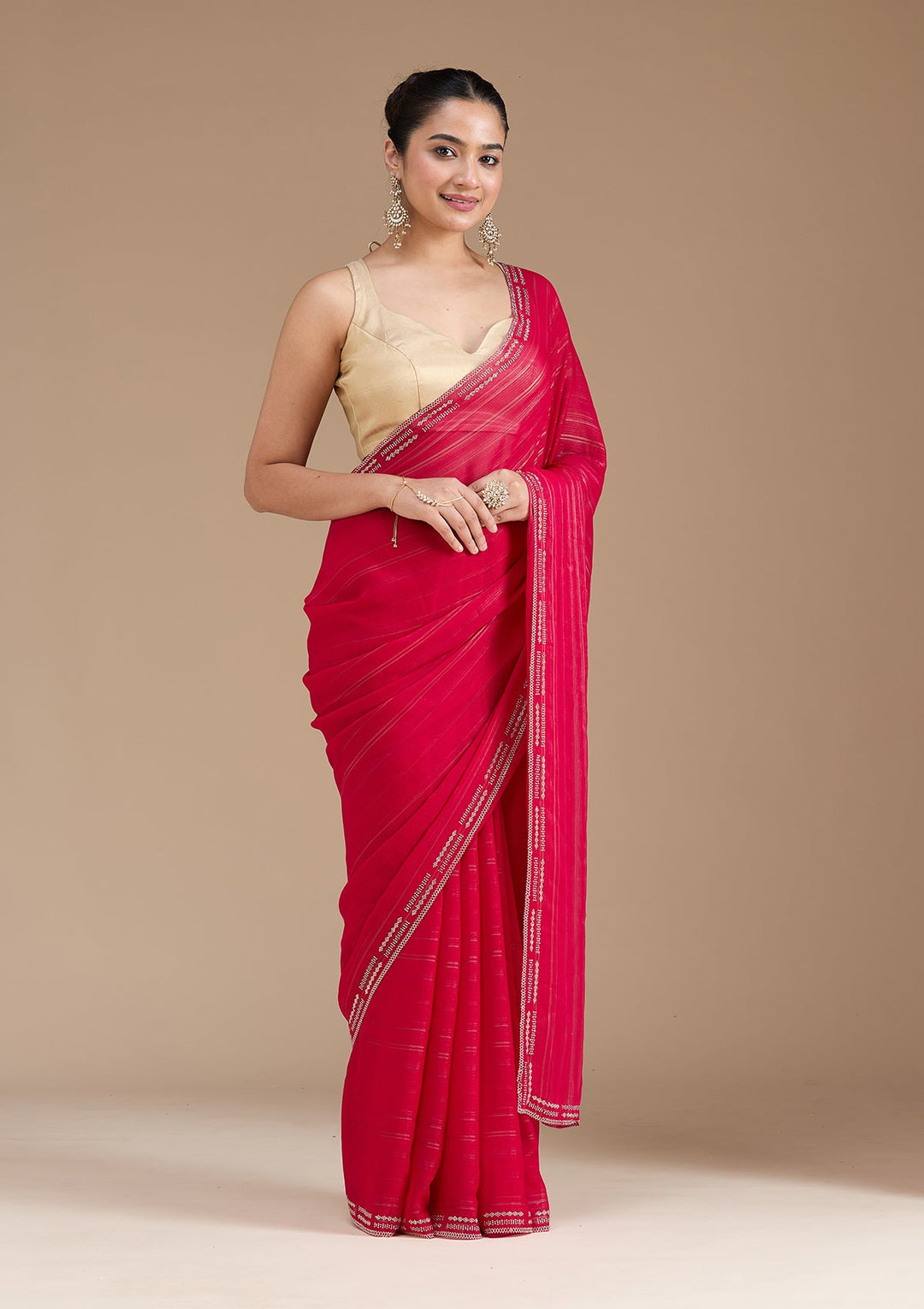 Rani Pink Stonework (Gold) Chiffon Saree_koskii