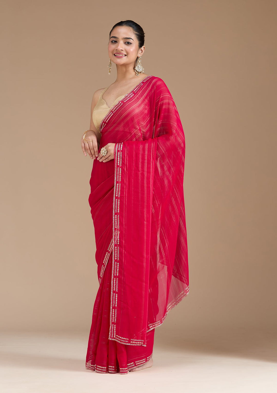 Rani Pink Stonework (Gold) Chiffon Saree_koskii