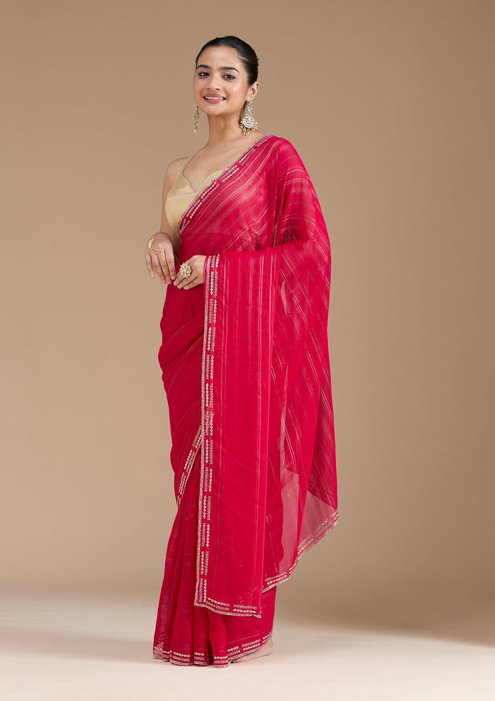 Rani Pink Stonework (Gold) Chiffon Saree_koskii