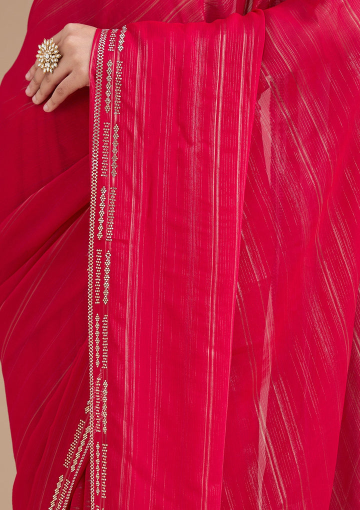 Rani Pink Stonework (Gold) Chiffon Saree_koskii