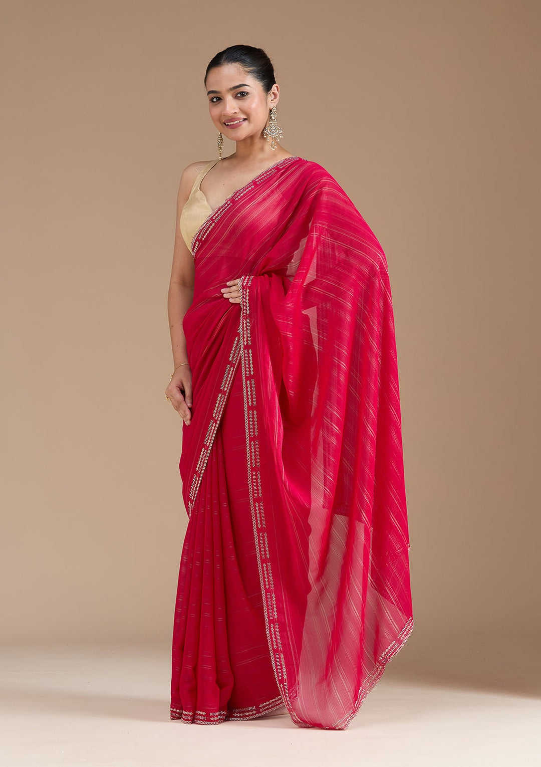 Rani Pink Stonework (Gold) Chiffon Saree_koskii