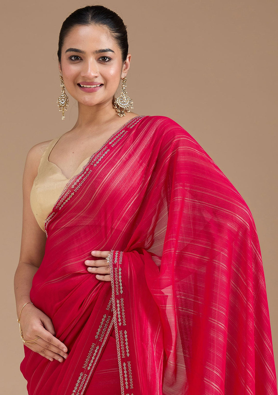 Rani Pink Stonework (Gold) Chiffon Saree_koskii
